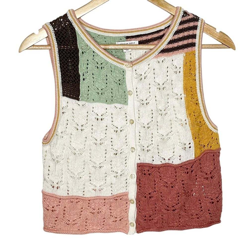 American Eagle Patchwork Pointelle Knit Top XS Boho Cottagecore Festival Indie